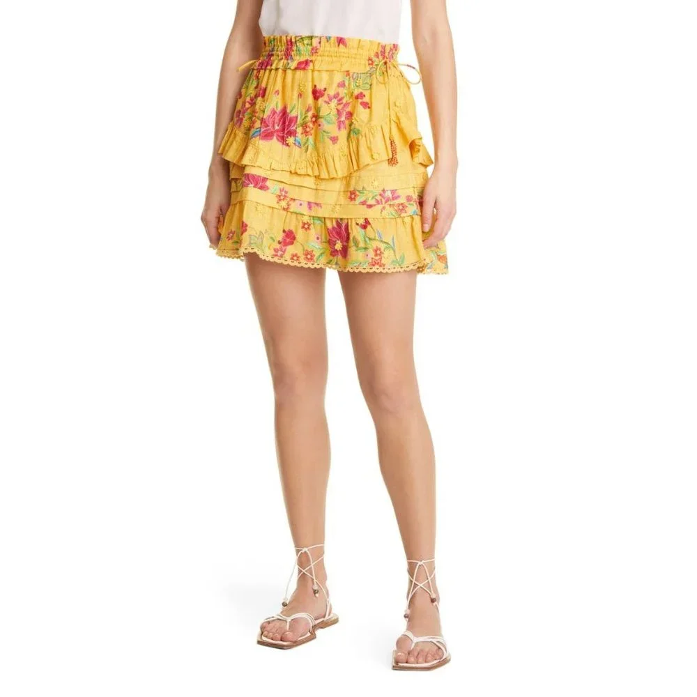 🆕 FARM RIO Flower Dream Tiered Cotton Mini Skirt Yellow Small - Picture 2 of 11